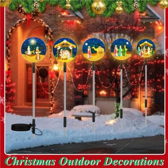 Solar Light Christmas Outdoor Decorations 5-in-1 Yard Nativity Lights Stakes - Picture 6 of 8